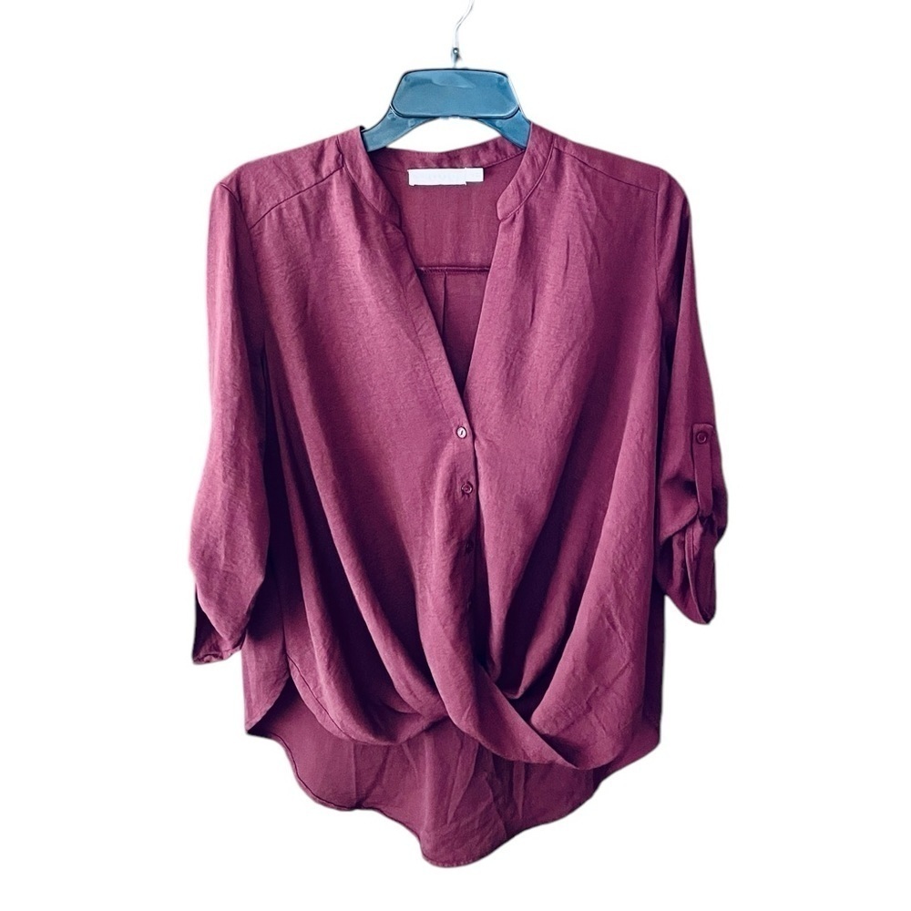 Lush cross front roll tab sleeve lightweight button hi-lo blouse SZ S burgundy